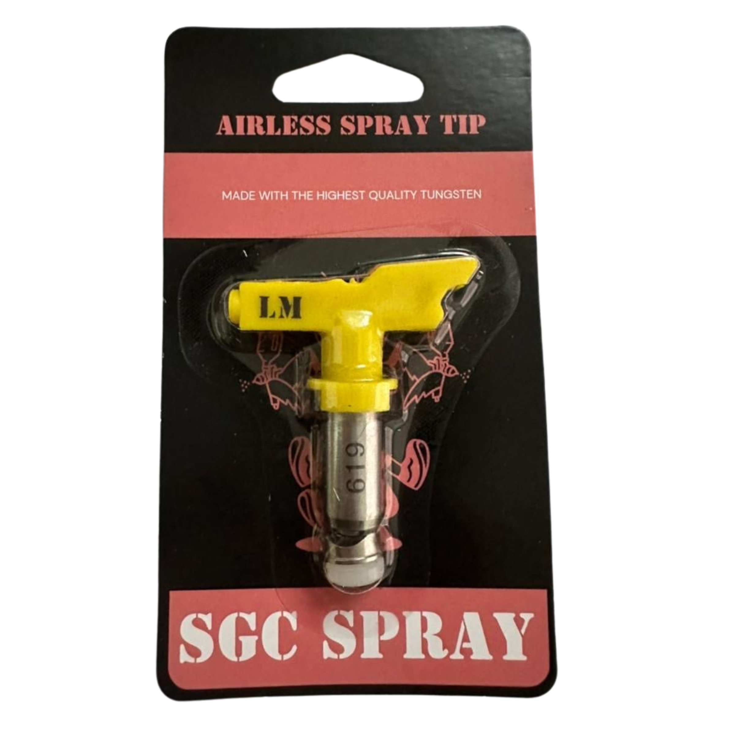Yellow LM 619 airless spray tip in retail packaging labelled SGC Spray for linemarking.