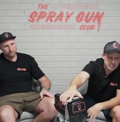 Mitch and Todd from the U Spray Podcast announcing the PIY Airless Spray Machine in their podcast studio